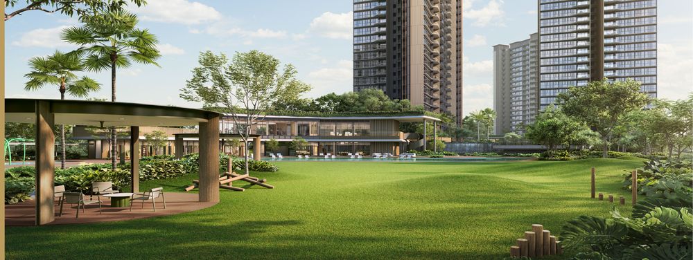 The Grand Lawn beneath the Classic Collection towers at Thomson Reserve, artist&rsquo;s impression