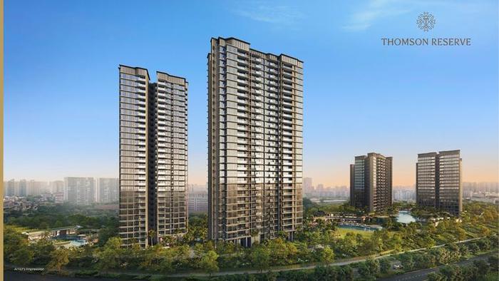 The six towers seen from the south, two of 30 storeys and four of 21 at Thomson Reserve, artist's impression