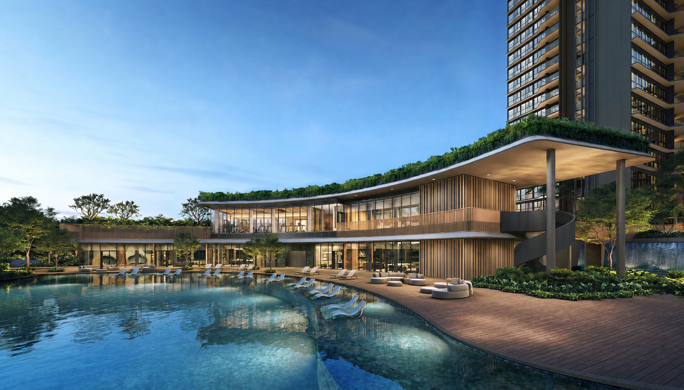 The Leisure Pool and Grand Clubhouse at Thomson Reserve at dusk, artist&rsquo;s impression