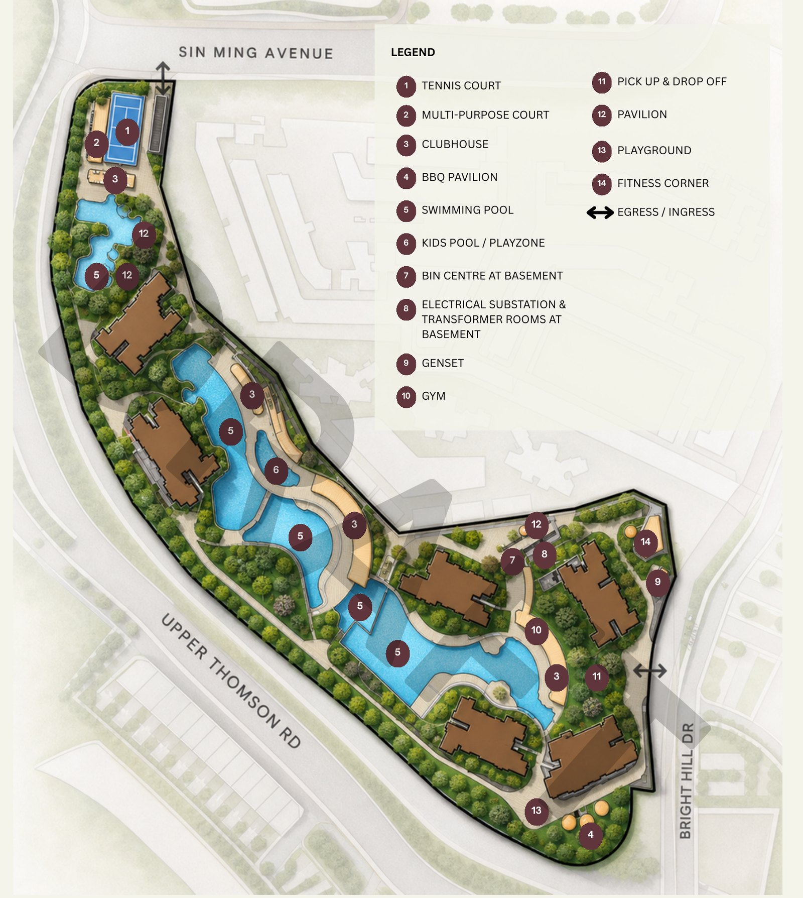 Thomson Reserve draft site plan with tennis court, clubhouses, pools, gym and playground