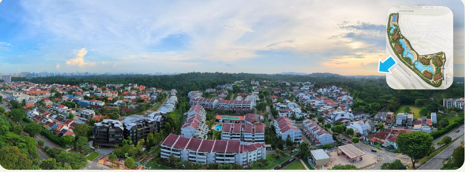 Panoramic view from the Thomson Reserve site across the surrounding landed estate at sunset